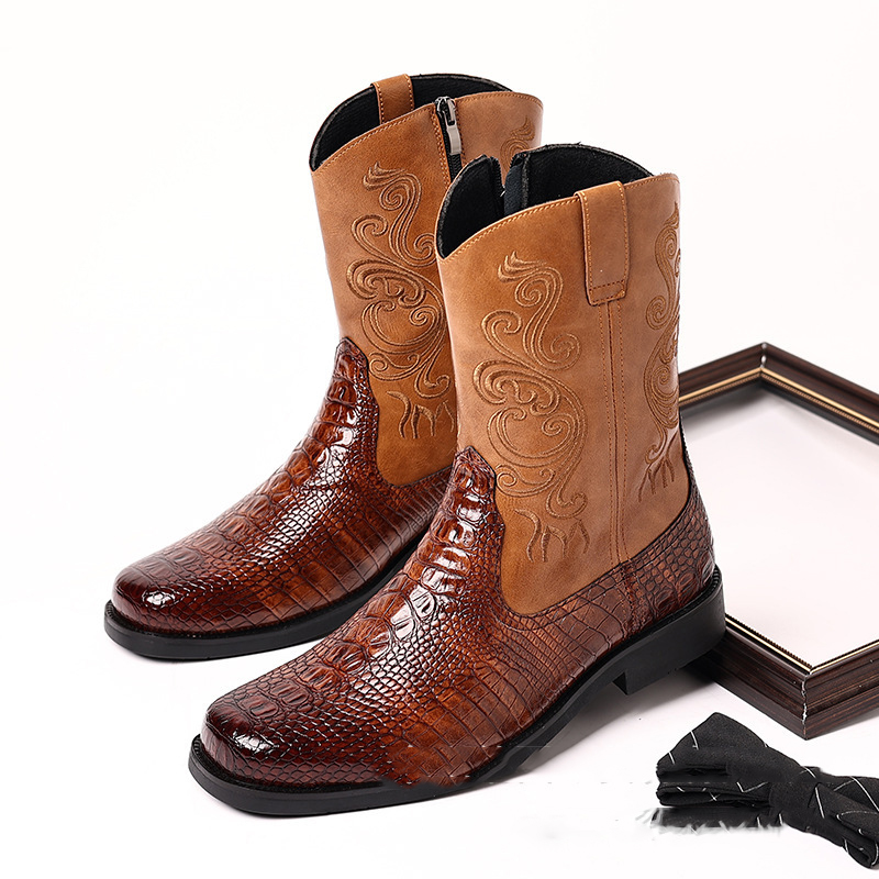 Men Shoes Classic - Men's Crocodile-Print Leather Western Boots Embroidered